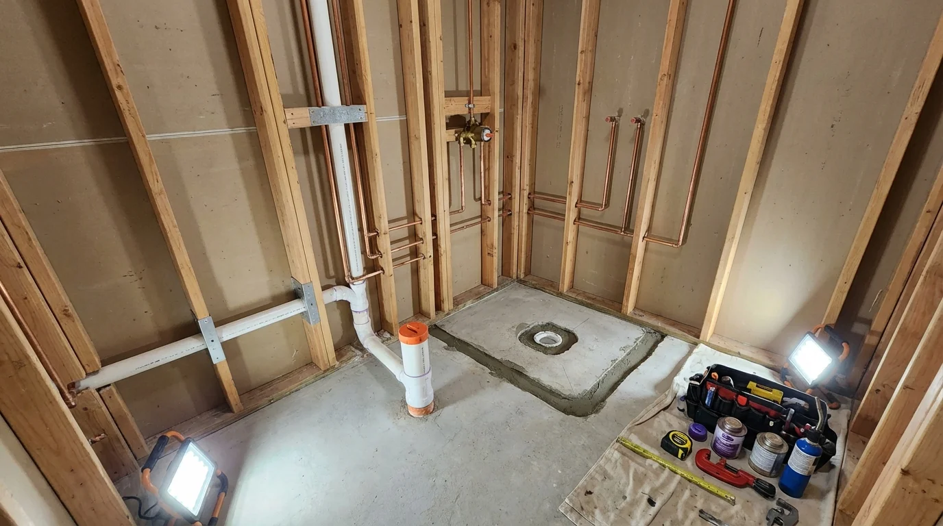 Bathroom rough-in plumbing during remodel by Johns Plumbing LLC in Lander