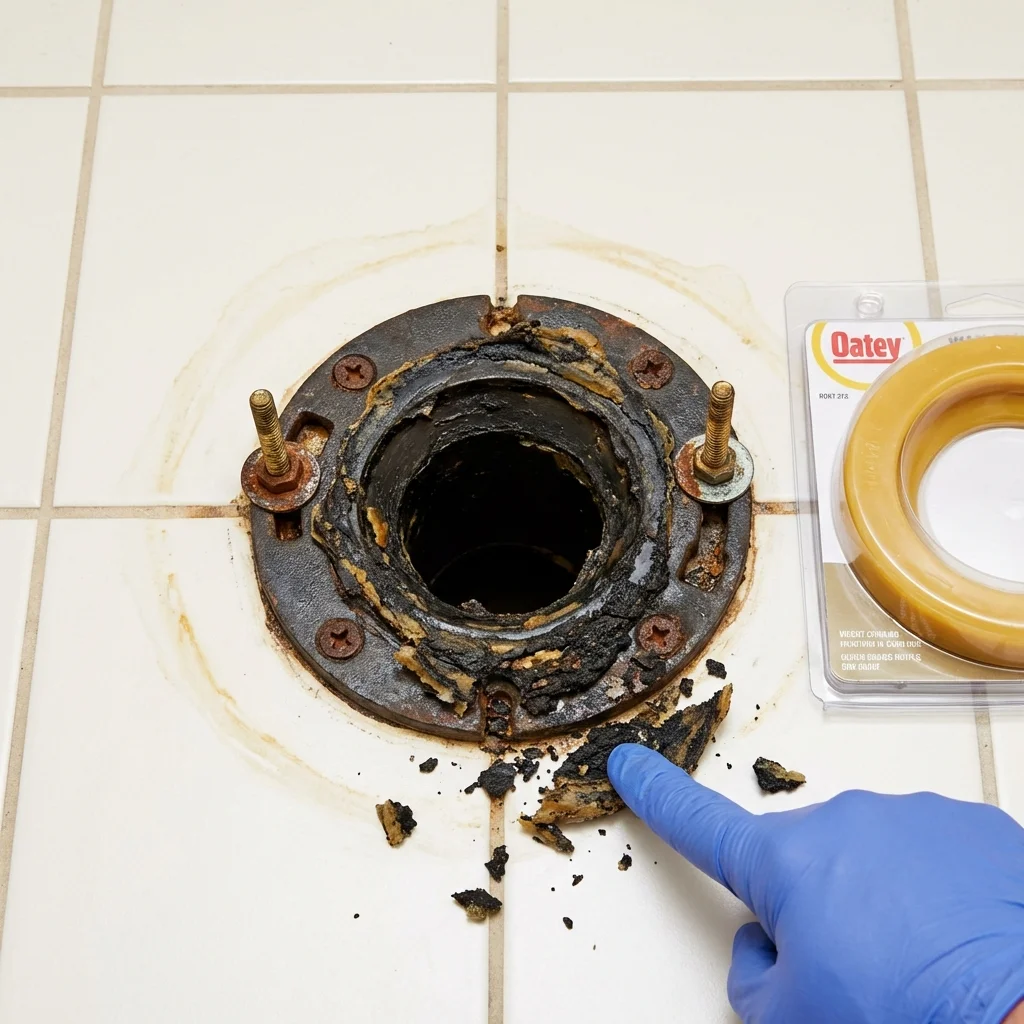 Failed wax ring showing water seepage at the base of a toilet in a Lander, WY home