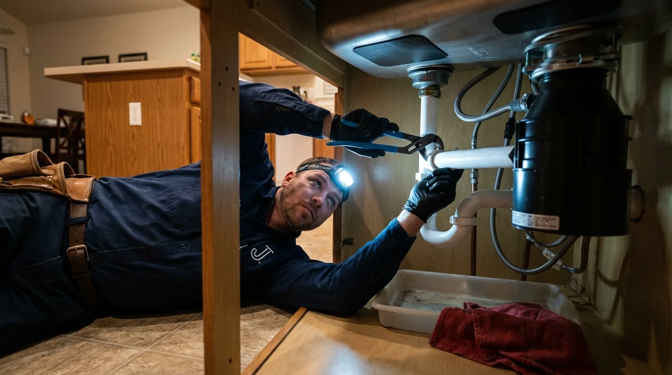 P-trap and supply line connections under a kitchen sink showing a common leak point in Lander, WY